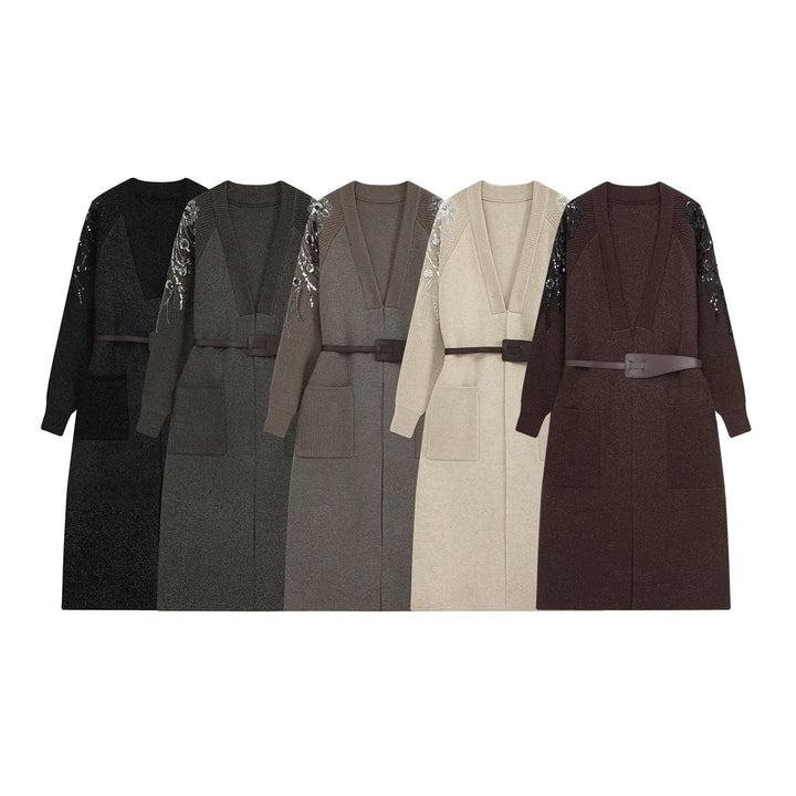Damen Strick-Midikleid mit tiefem V-Ausschnitt, Taillengürtel und paillettenverzierten Ärmeln Drune