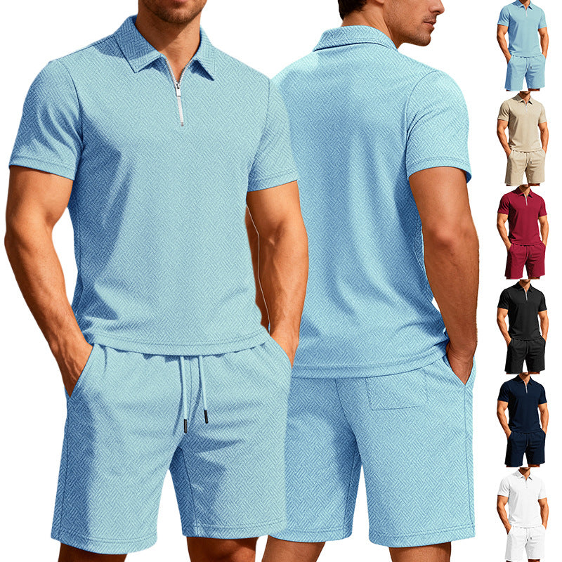 Herren nan komfortables Lounge-Zweiteiler aus strukturierter Baumwollmischung mit Halbzip-Poloshirt und Kordel-Shorts Drune