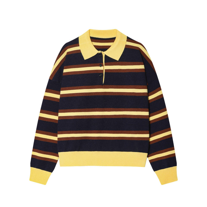 Damen nan gestreifter Feinstrick-Polopullover mit Knopfleiste, Rippbündchen und leichter Wollmischung Drune
