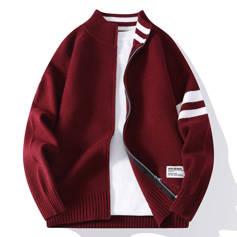 Herren nan gestrickte Zip-Cardigan im College-Stil mit gestreiftem Ärmelband und geripptem Stehkragen Drune