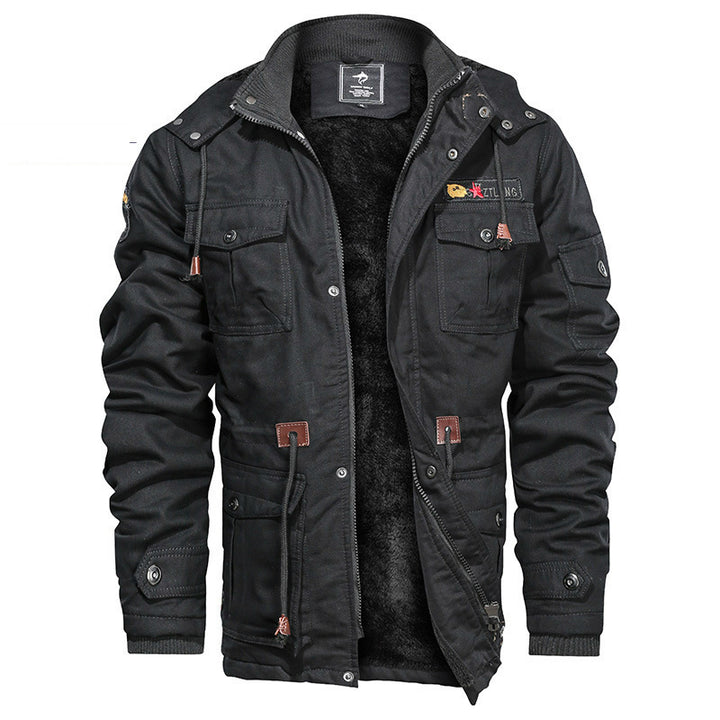 Herren Militärinspirierte Canvas-Fieldjacke mit Kapuze, Kordzug‑Taille und Fleece‑Innenfutter Drune