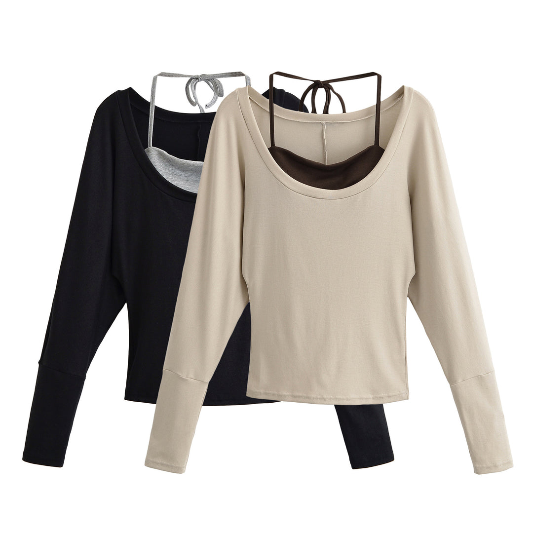 Damen Lagen-Langarmshirt mit integriertem Spaghettiträger-Cami und weitem Rundhals Drune