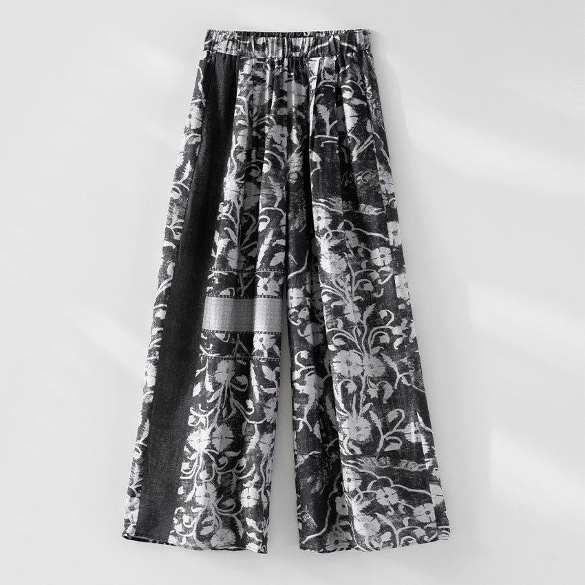 Damen Weite Leinenmix-Hose mit Elastikbund, Palazzoschnitt und ornamentalem Print Drune