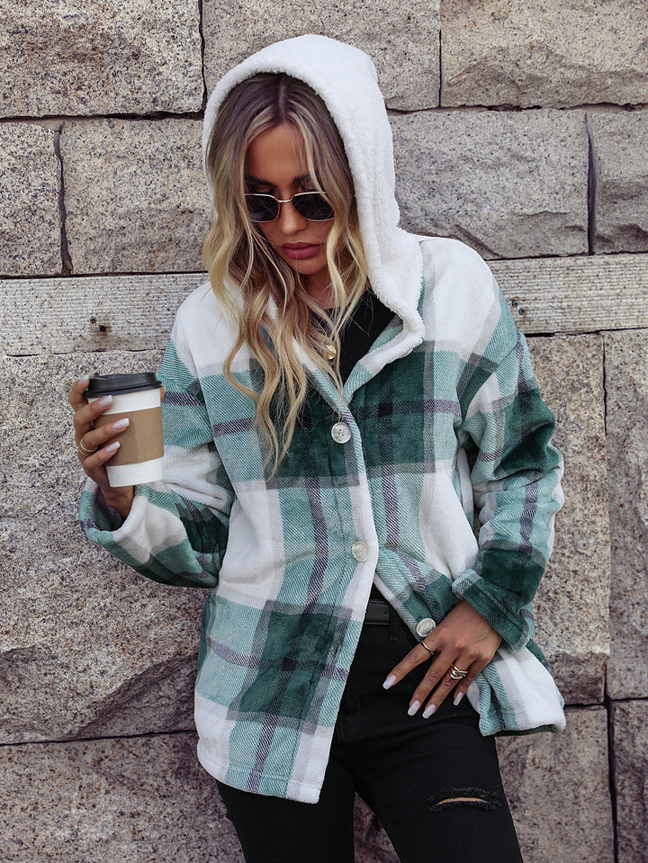 Damen Kuschelige Fleecejacke mit Kapuze und kariertem Design Drune