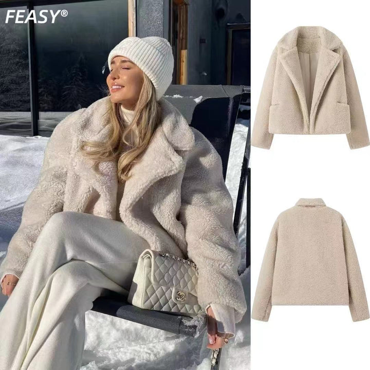 Damen kuschelige Teddyjacke mit modernem Revers Drune