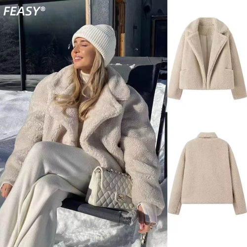 Damen kuschelige Teddyjacke mit modernem Revers Drune