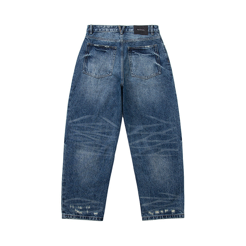 Damen High‑Waist weit geschnittene Jeans im Used‑Look mit Knopfverschluss und dezenten Rissen Drune