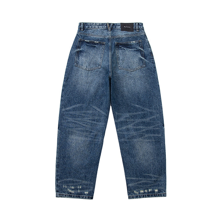 Damen High‑Waist weit geschnittene Jeans im Used‑Look mit Knopfverschluss und dezenten Rissen Drune