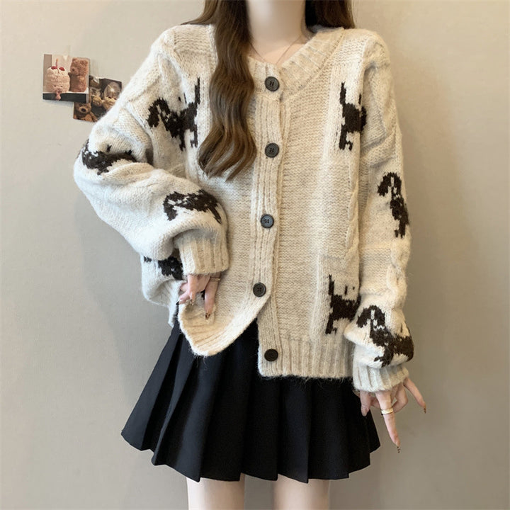 Damen Gemusterter Strickcardigan mit tierischem Motiv und bequemen Oversized-Schnitten Drune