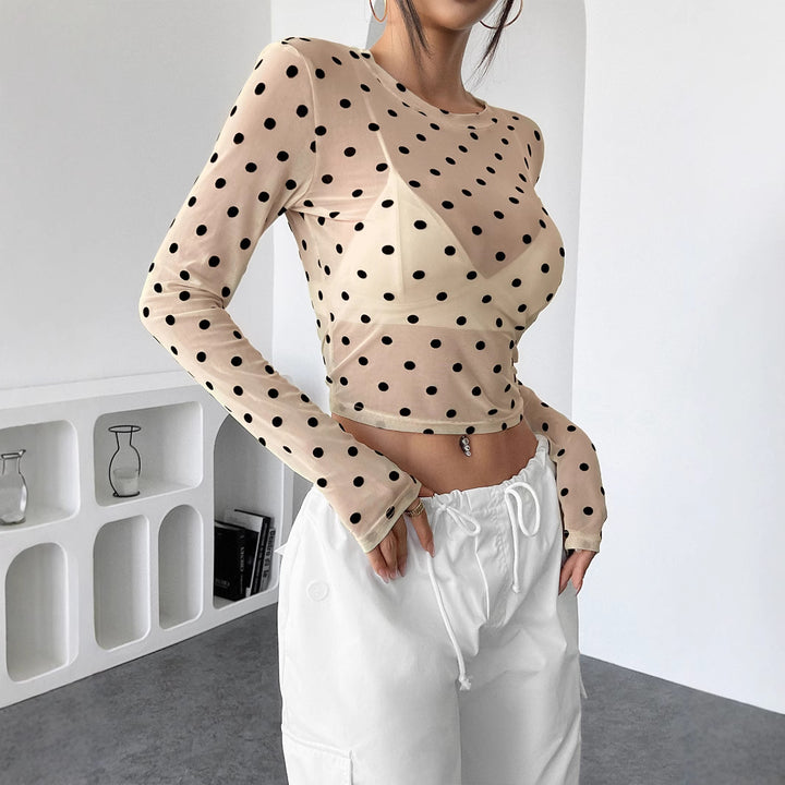 Damen nan bauchfreies Netzstoff-Oberteil mit Punktmuster und integriertem Bustier Drune