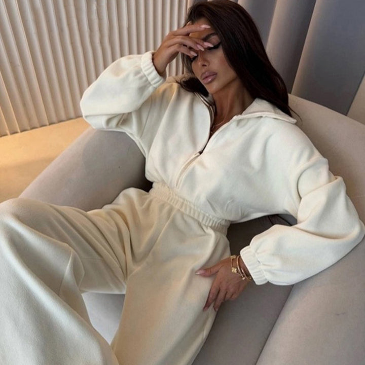 Damen eleganter Lounge-Overall mit elastischer Taillenpartie, Stehkragen, Reißverschluss und weitem Bein Drune