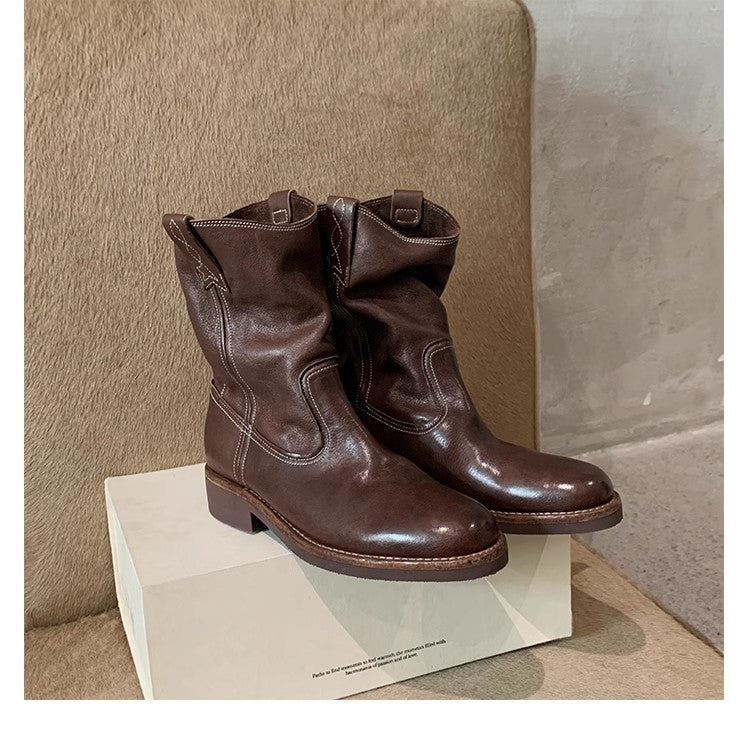 Damen Mid‑Calf Slouch Western‑Stiefel aus Glattleder mit Zuglaschen und profilierter Laufsohle Drune