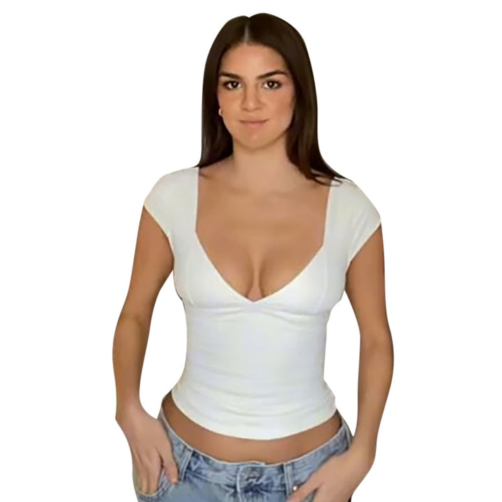 Damen Elegantes Body mit tiefem V-Ausschnitt und kurzen Ärmeln Drune