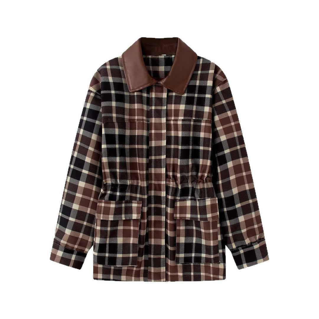 Damen Kariertes Overshirt‑Mantel mit Kunstlederkragen und Taillen‑Tunnelzug Drune