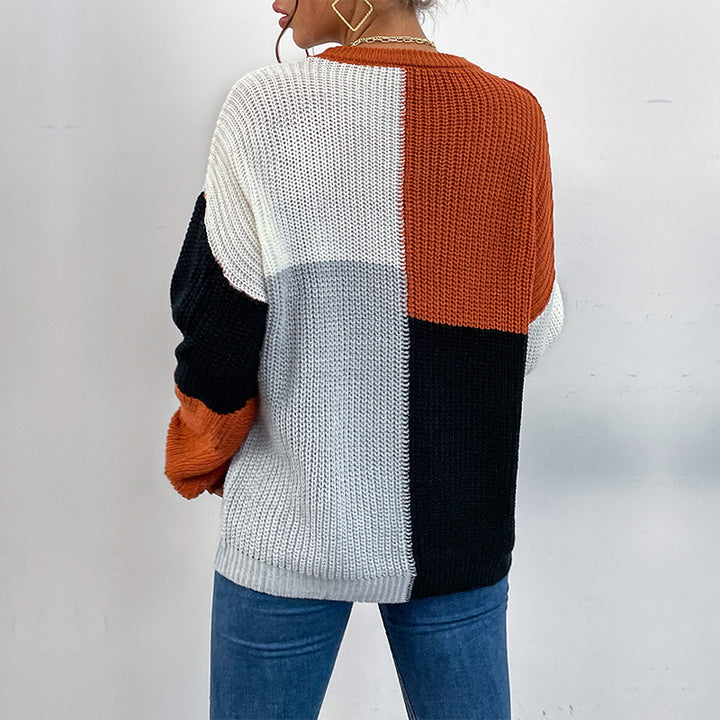 Damen Grobgestrickter Colorblock-Pullover Oversize mit Rundhals & Ballonärmeln Drune