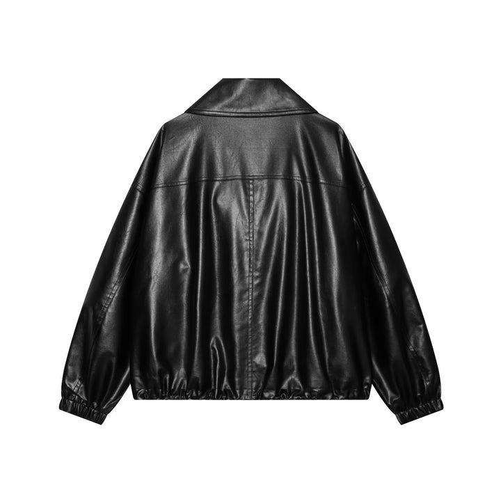 Damen Oversized Kunstleder-Bomberjacke mit breitem Reverskragen und elastischem Saum Drune