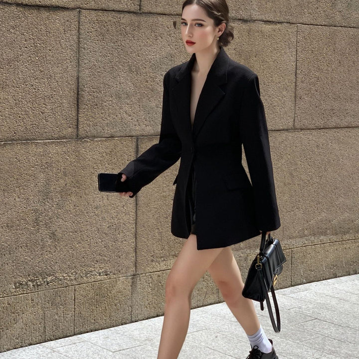 Damen Taillierter Blazer-Mantel mit Bindegürtel und Pattentaschen Drune