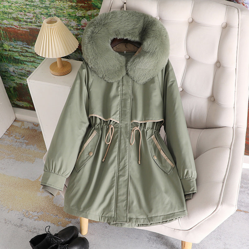 Damen modische Übergangsjacke mit abnehmbarem Kunstfellkragen und Taillenzug Drune