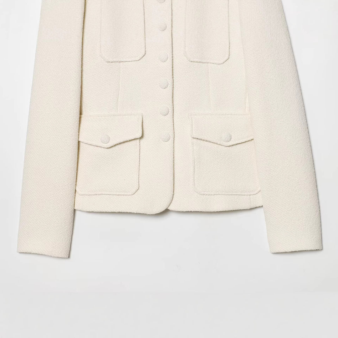 Damen Bouclé-Cropped-Jacke mit Stehkragen, bezogenen Knöpfen und aufgesetzten Pattentaschen Drune