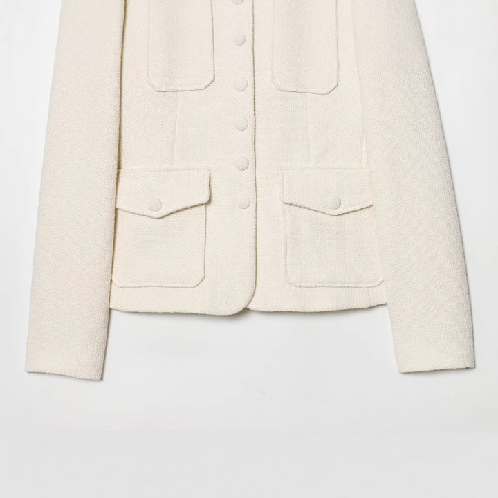Damen Bouclé-Cropped-Jacke mit Stehkragen, bezogenen Knöpfen und aufgesetzten Pattentaschen Drune