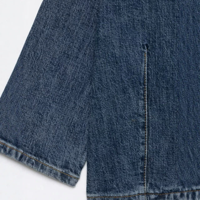 Damen Boxy Cropped Denimjacke mit Mandarin-Kragen, asymmetrischer Knopfblende und Fransenabschluss Drune