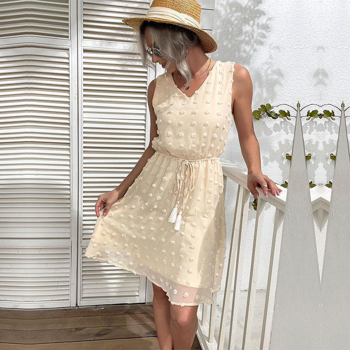 Damen luftiges Sommerkleid mit verspielten Pom-Pom-Details und verstellbarem Taillenzug Drune