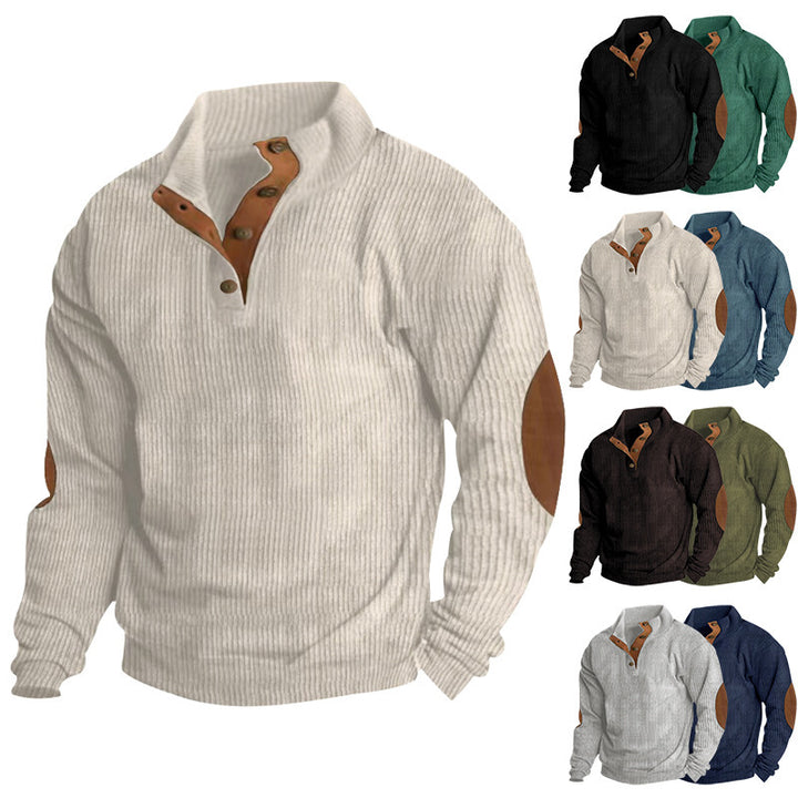 Herren Gerippter Henley-Pullover mit Stehkragen, Knopfleiste & Leder-Ellbogenpatches Drune