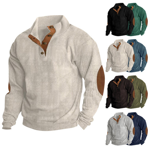 Herren Gerippter Henley-Pullover mit Stehkragen, Knopfleiste & Leder-Ellbogenpatches Drune