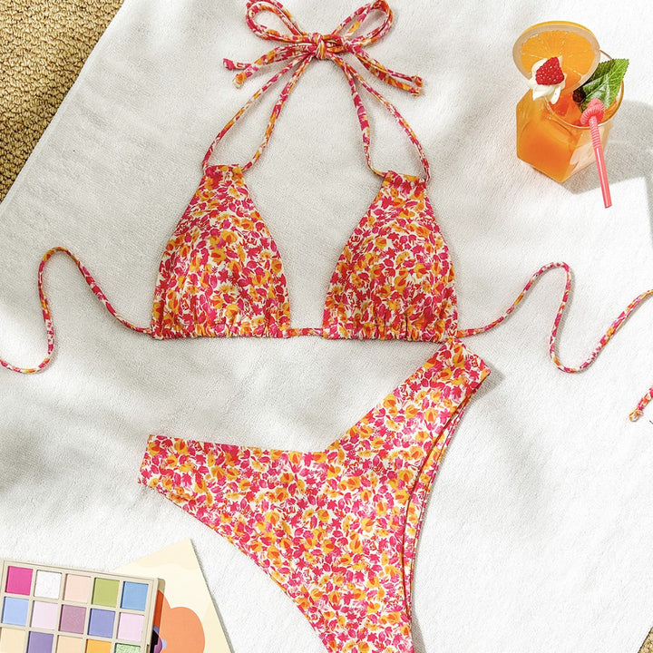 Damen Triangel-Bikini mit verstellbaren Trägern und verspieltem Blumenmuster Drune