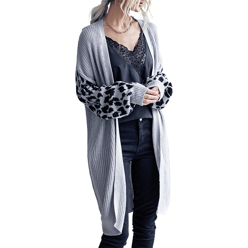 Damen Langer Offener Strickcardigan mit Leopardenmusterärmeln und geripptem Saum Drune