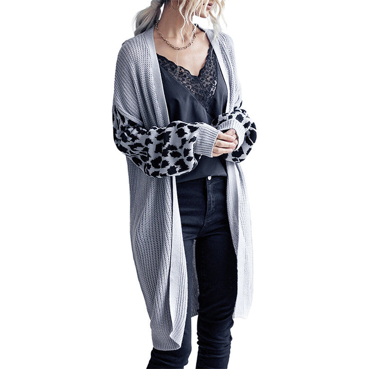 Damen Langer Offener Strickcardigan mit Leopardenmusterärmeln und geripptem Saum Drune