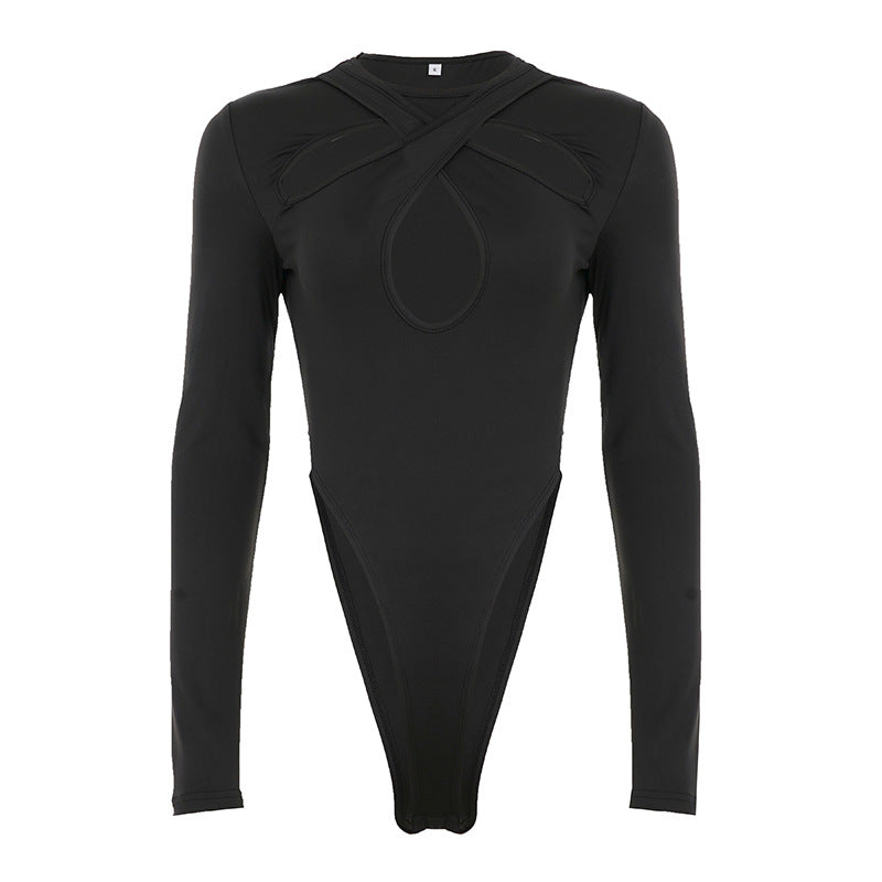 Damen Langarm Bodysuit mit raffiniertem Kreuz-Design und Hochbund Drune