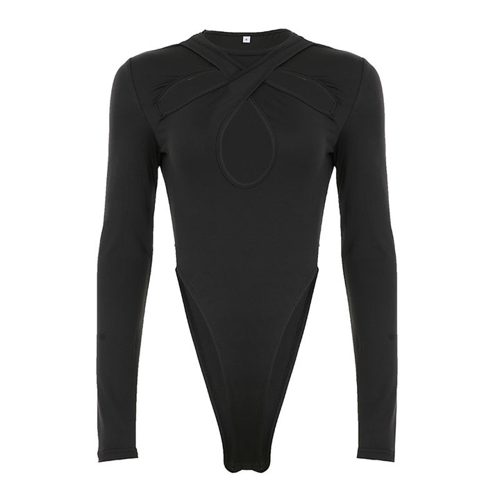 Damen Langarm Bodysuit mit raffiniertem Kreuz-Design und Hochbund Drune