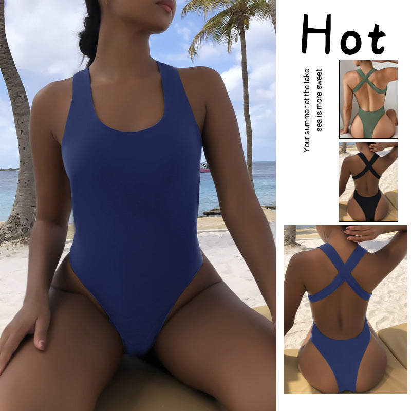 Damen Einteiler Badeanzug mit hochgeschnittenem Design und sportlichem Rückenausschnitt Drune