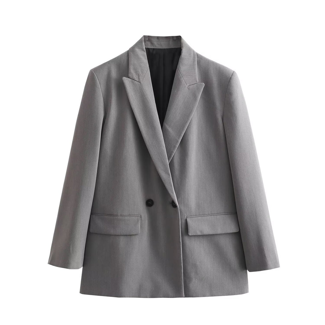 Damen Doppelreiher-Blazer mit Reverskragen, längerem Oversize-Schnitt und Pattentaschen Drune