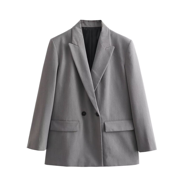 Damen Doppelreiher-Blazer mit Reverskragen, längerem Oversize-Schnitt und Pattentaschen Drune