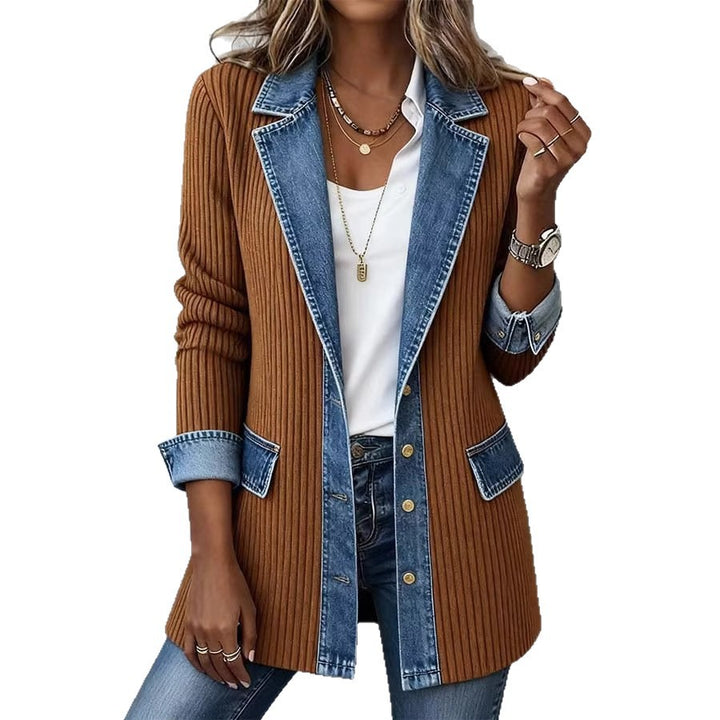 Damen Langer Strickmantel mit Denim-Kragen Drune
