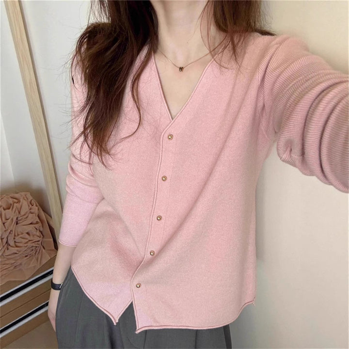 Damen modische Strickjacke mit vornem Knopfverschluss und V-Ausschnitt Drune