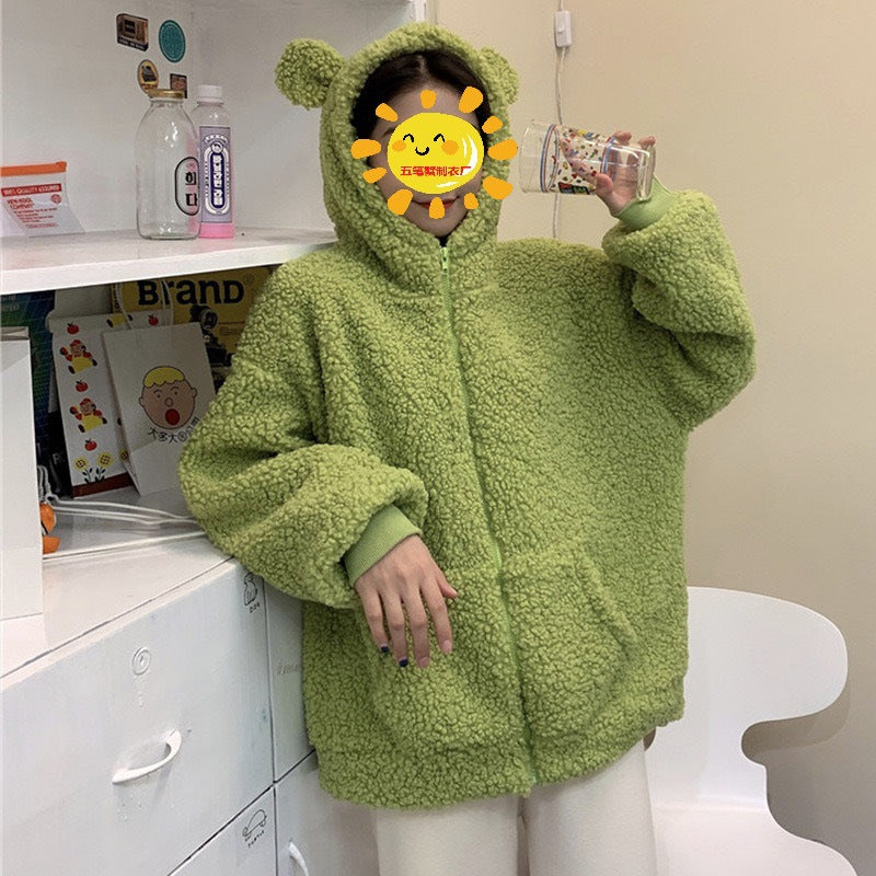Damen kuschelige Fleecejacke mit Ohren und praktischen Eingrifftaschen Drune