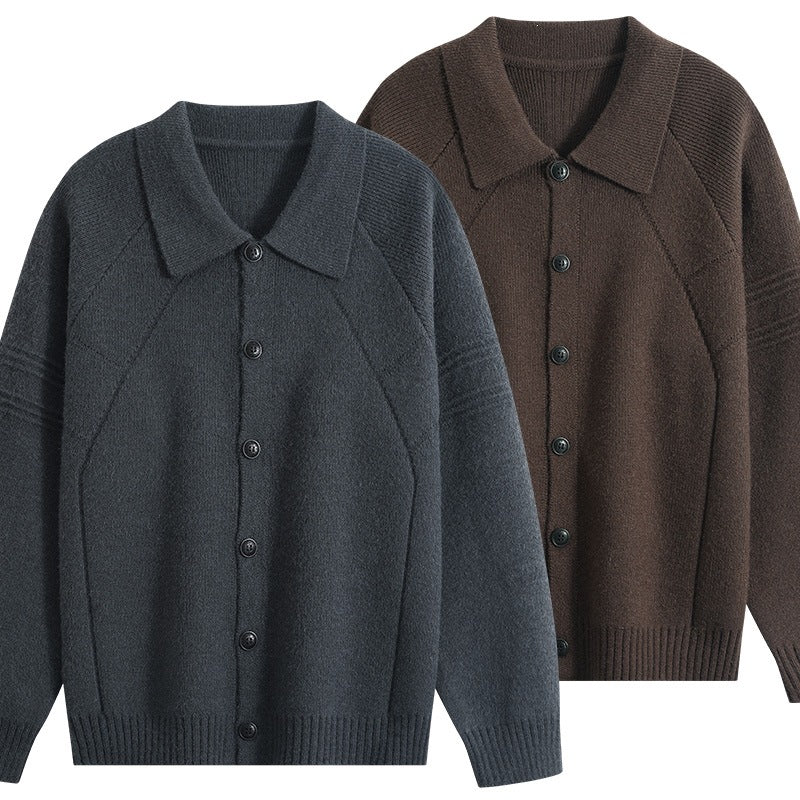 Herren Strickcardigan mit Hemdkragen, Raglanärmeln & geripptem Saum Drune
