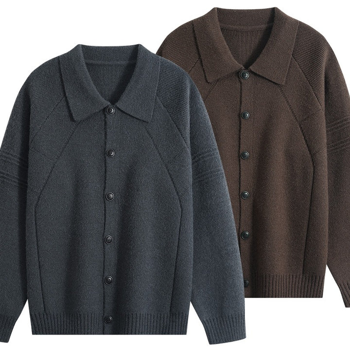 Herren Strickcardigan mit Hemdkragen, Raglanärmeln & geripptem Saum Drune