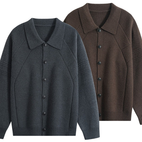 Herren Strickcardigan mit Hemdkragen, Raglanärmeln & geripptem Saum Drune