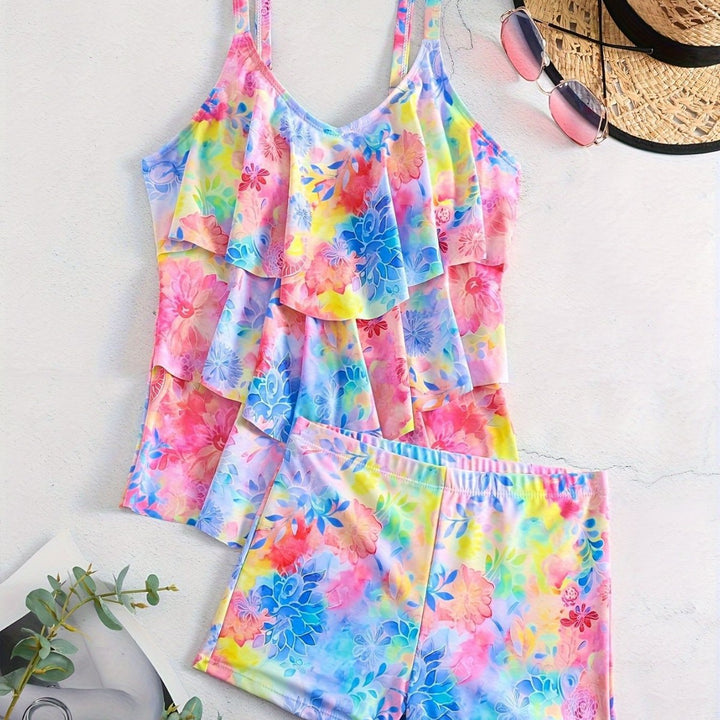 Damen Freizeit-Badeoberteil mit leichtem Rüschendesign und Shorts Drune