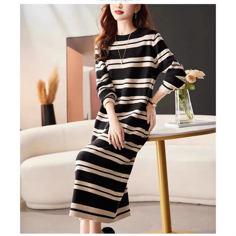 Damen Langarm-Strickkleid mit modernem Streifenmuster und komfortablem Schnitt Drune