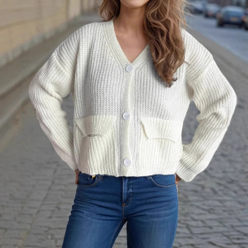 Damen gemütlicher Strickcardigan mit Taschen und breiten Ärmeln Drune