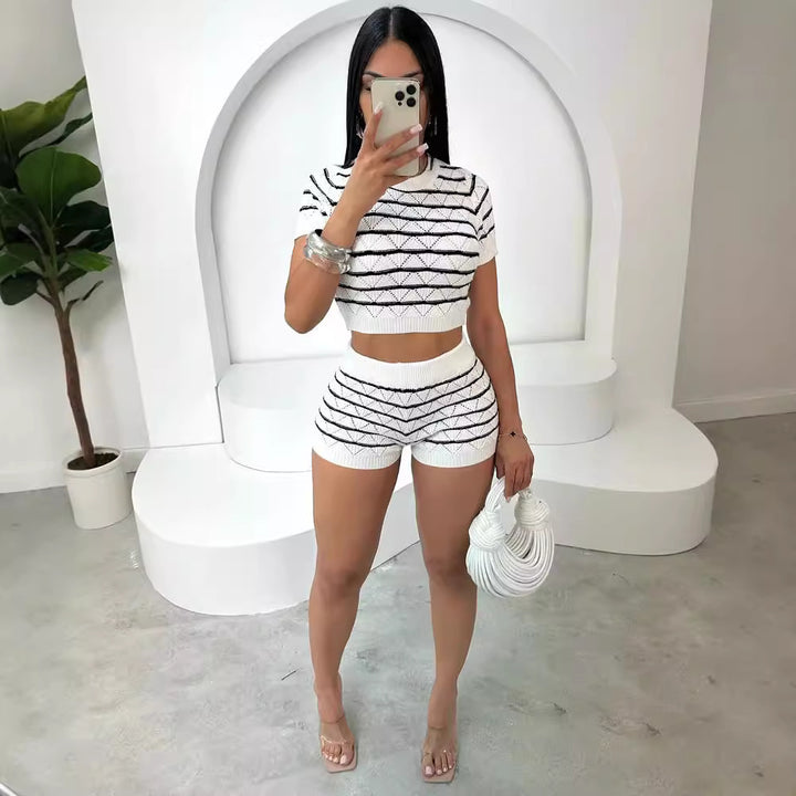 Damen Crop-Top und Shorts Set mit grafischem Muster Drune