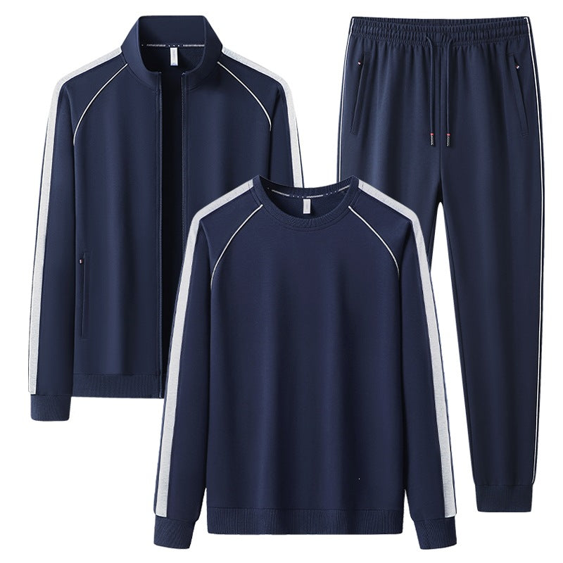 Herren Dreiteiliges Freizeit-Trainingsanzug-Set aus weichem French-Terry mit Reißverschlussjacke, Rundhals-Sweatshirt & Kordel-Jogginghose Drune