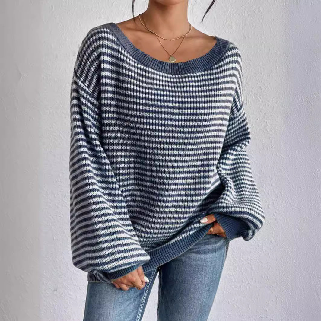 Damen lässiger Strickpullover mit weitem Schnitt und modernen Streifen Drune