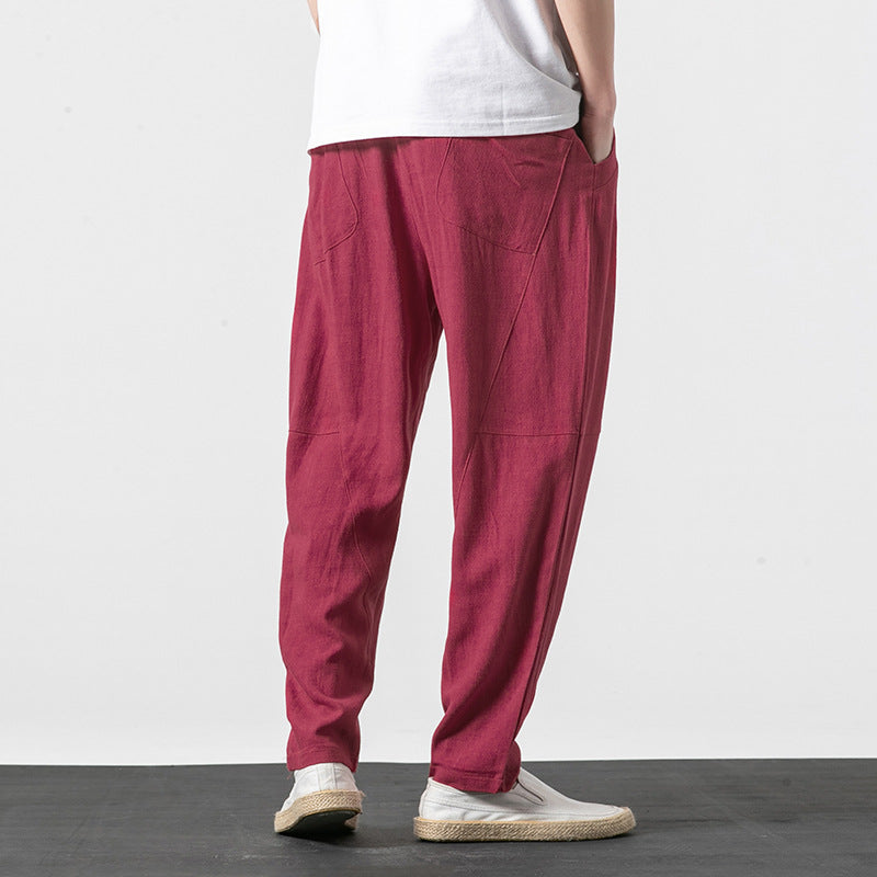 Herren Weiche Leinenmix-Loungehose mit tiefem Schritt, elastischem Bund und taillierter Beinverjüngung Drune