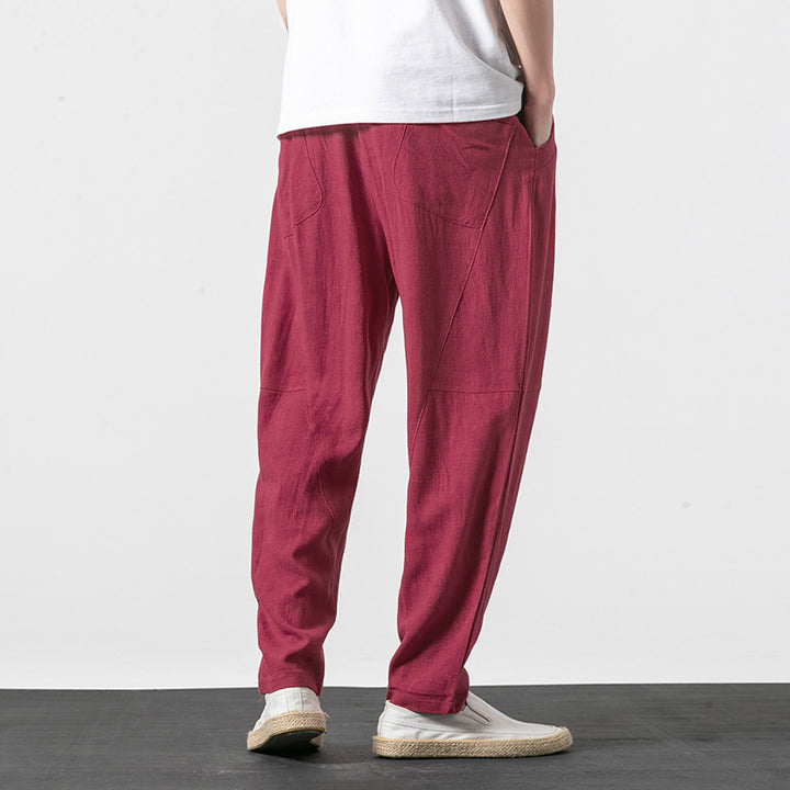 Herren Weiche Leinenmix-Loungehose mit tiefem Schritt, elastischem Bund und taillierter Beinverjüngung Drune